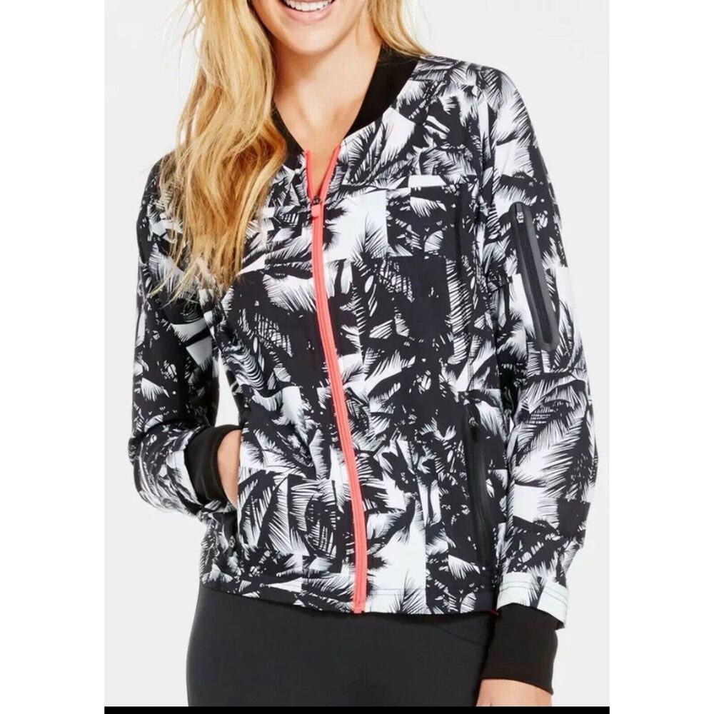 Fabletics‎ DIANA Bomber Jacket Black White Malibu Leaf Print w/Hot Coral Zip XL